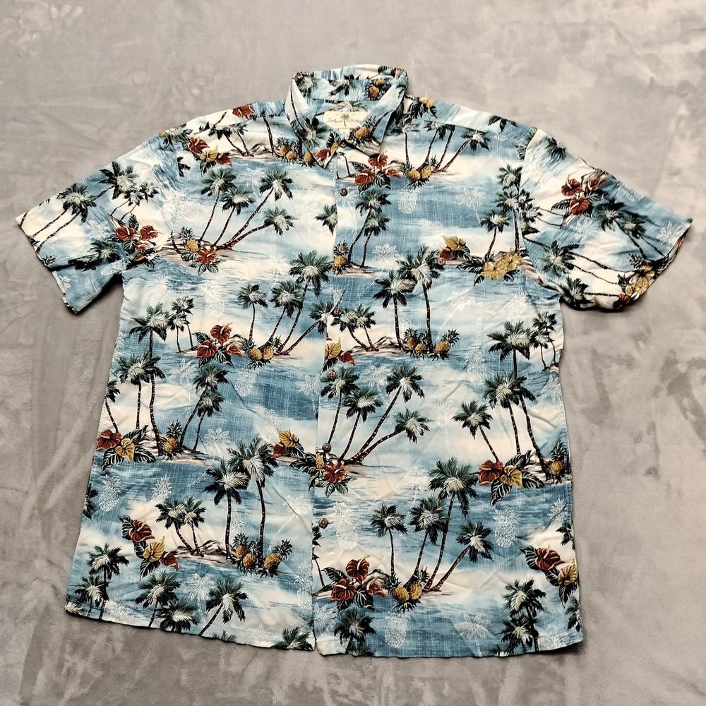 Island Shores Shirt Mens XL Blue Tropical Palm Tree Pineapple Rayon Button Down